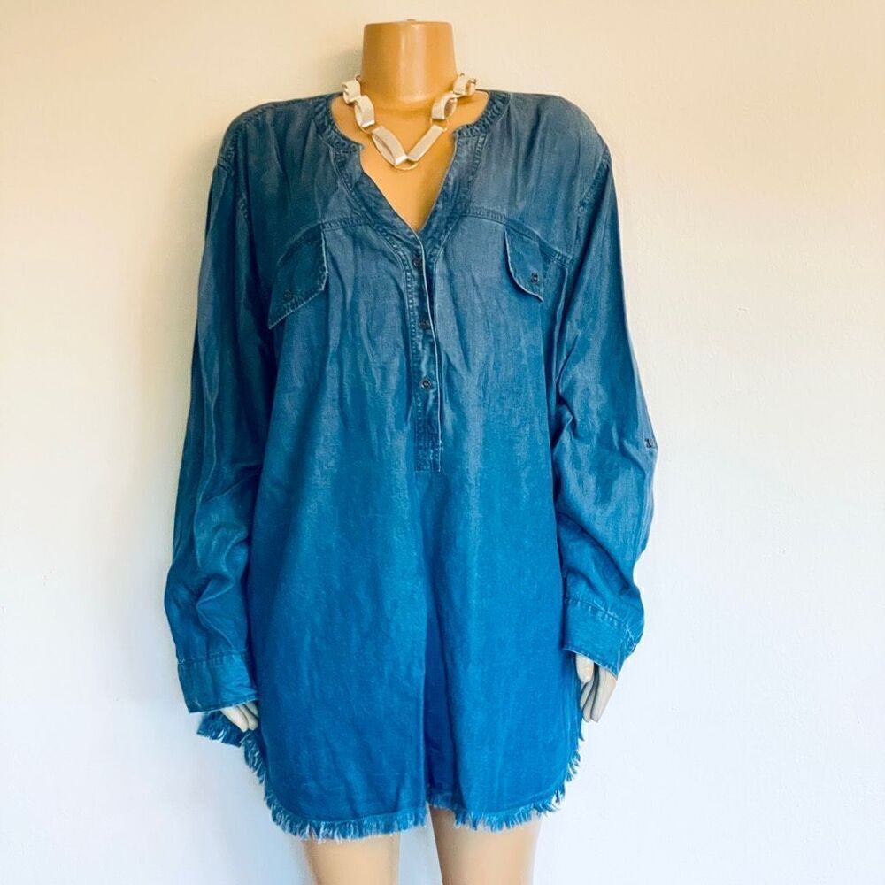 NWT Gorgeous 3X Hester & Orchard Denim Blue Button Split Neck Fringe Tunic Top